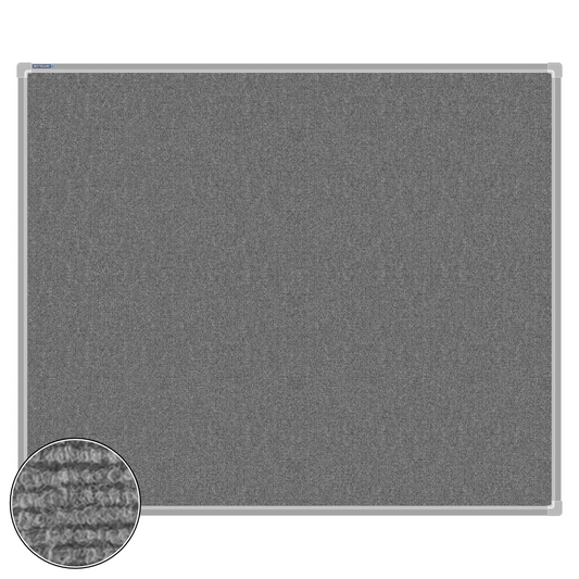 Grey carpet pin board, 1000mm x 1200mm, rectangular with a silver aluminium frame and a close-up inset of the woven texture