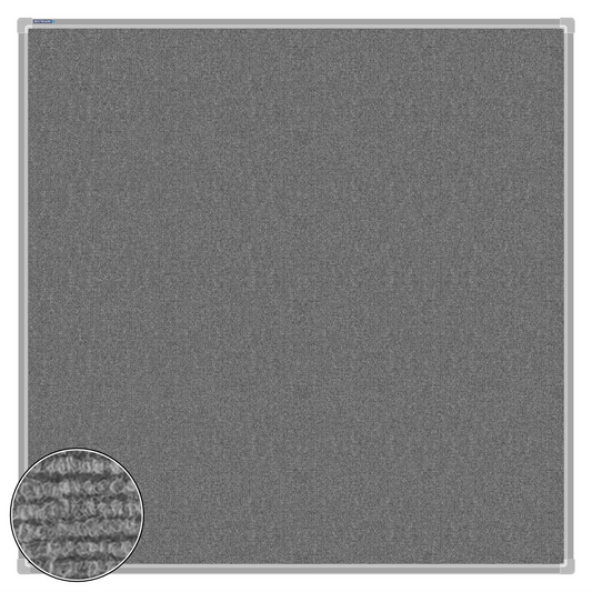 Grey carpet pin board, 1200mm x 1200mm, square with a silver aluminium frame and a close-up inset of the woven texture
