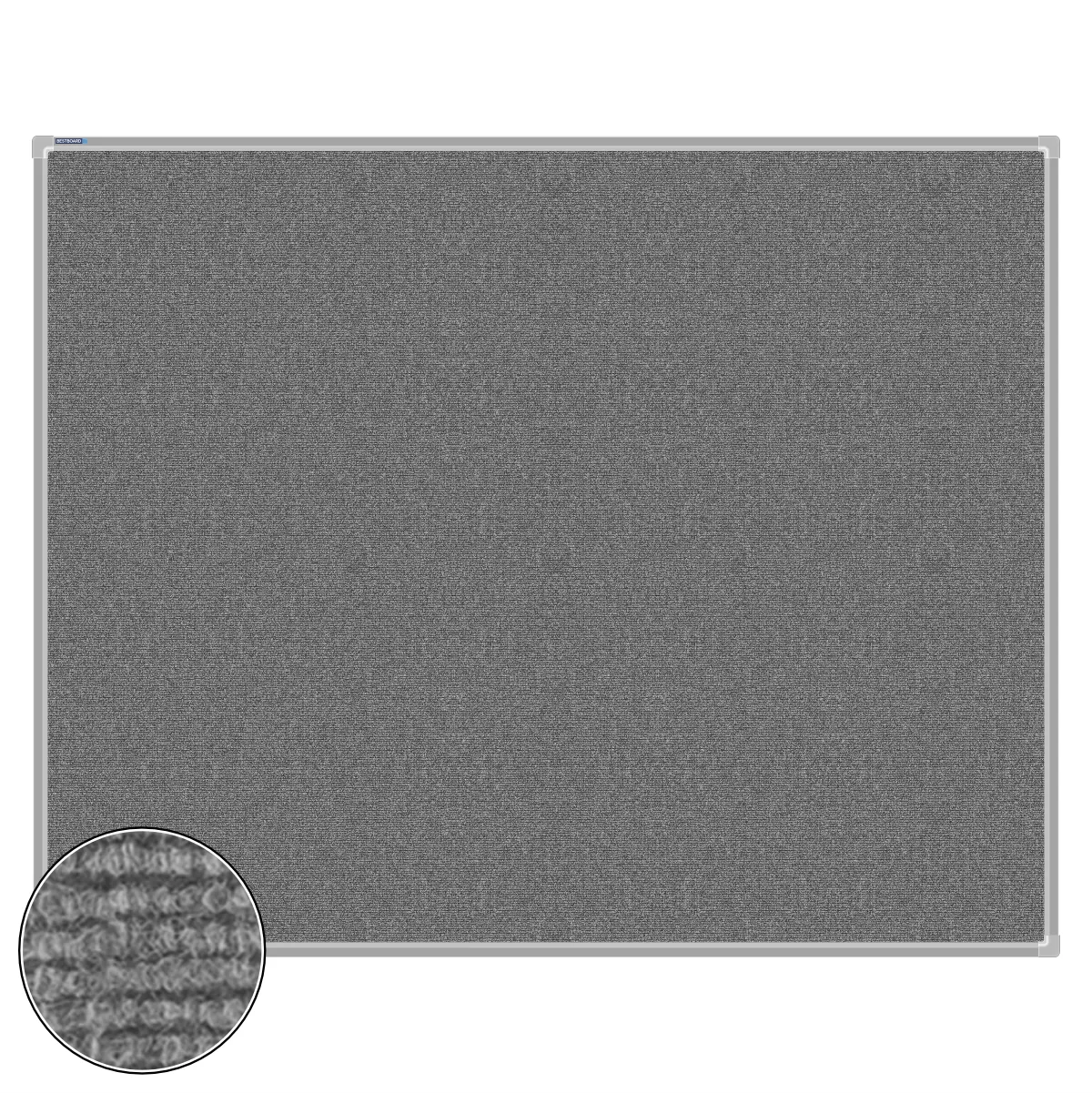 Grey carpet pin board, 1200mm x 1500mm, rectangular with a silver aluminium frame and a close-up inset of the woven texture