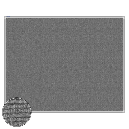Grey carpet pin board, 1200mm x 1500mm, rectangular with a silver aluminium frame and a close-up inset of the woven texture