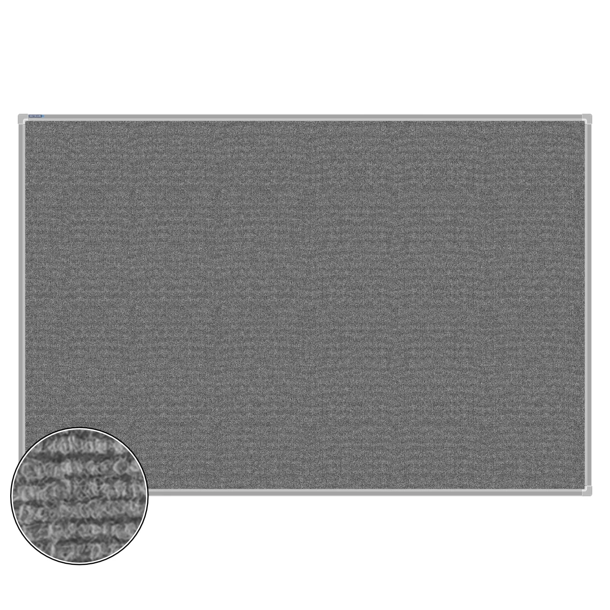 Grey carpet pin board, 1200mm x 1800mm, rectangular with a silver aluminium frame and a close-up inset of the woven texture