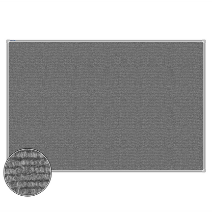Grey carpet pin board, 1200mm x 1800mm, rectangular with a silver aluminium frame and a close-up inset of the woven texture