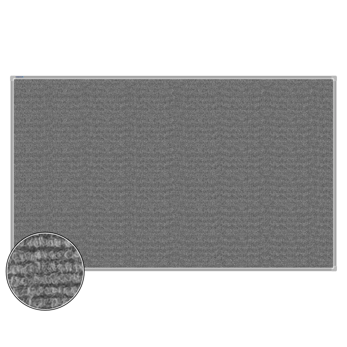 Grey carpet pin board, 1200mm x 2000mm, rectangular with a silver aluminium frame and a close-up inset of the woven texture