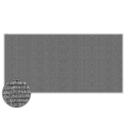 Grey carpet pin board, 1200mm x 2400mm, rectangular with a silver aluminium frame and a close-up inset of the woven texture