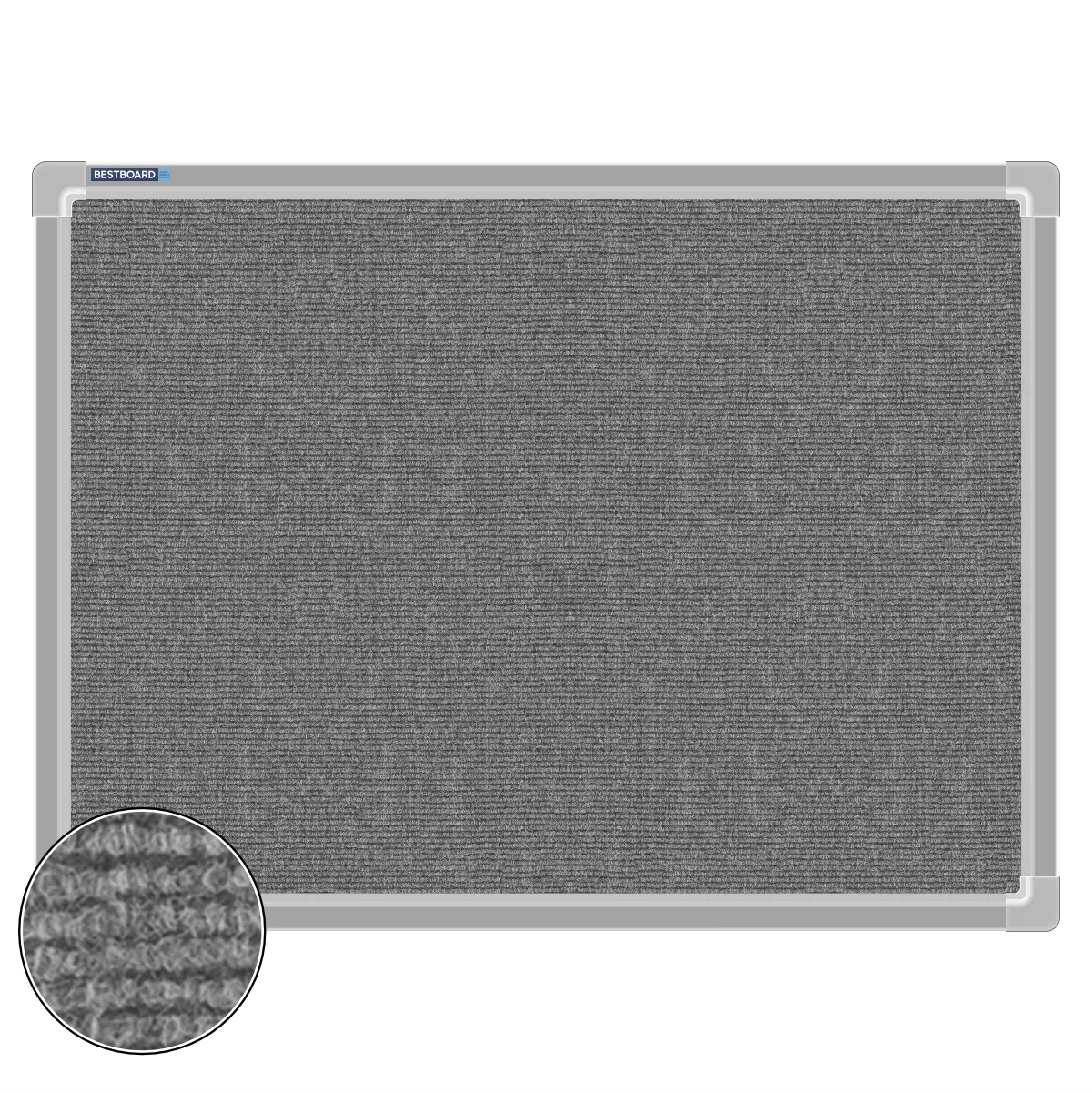 Grey carpet pin board, 450mm x 600mm, rectangular with a silver aluminium frame and a close-up inset of the woven texture
