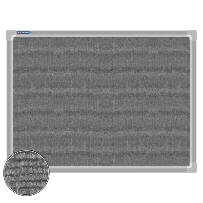 Grey carpet pin board, 450mm x 600mm, rectangular with a silver aluminium frame and a close-up inset of the woven texture
