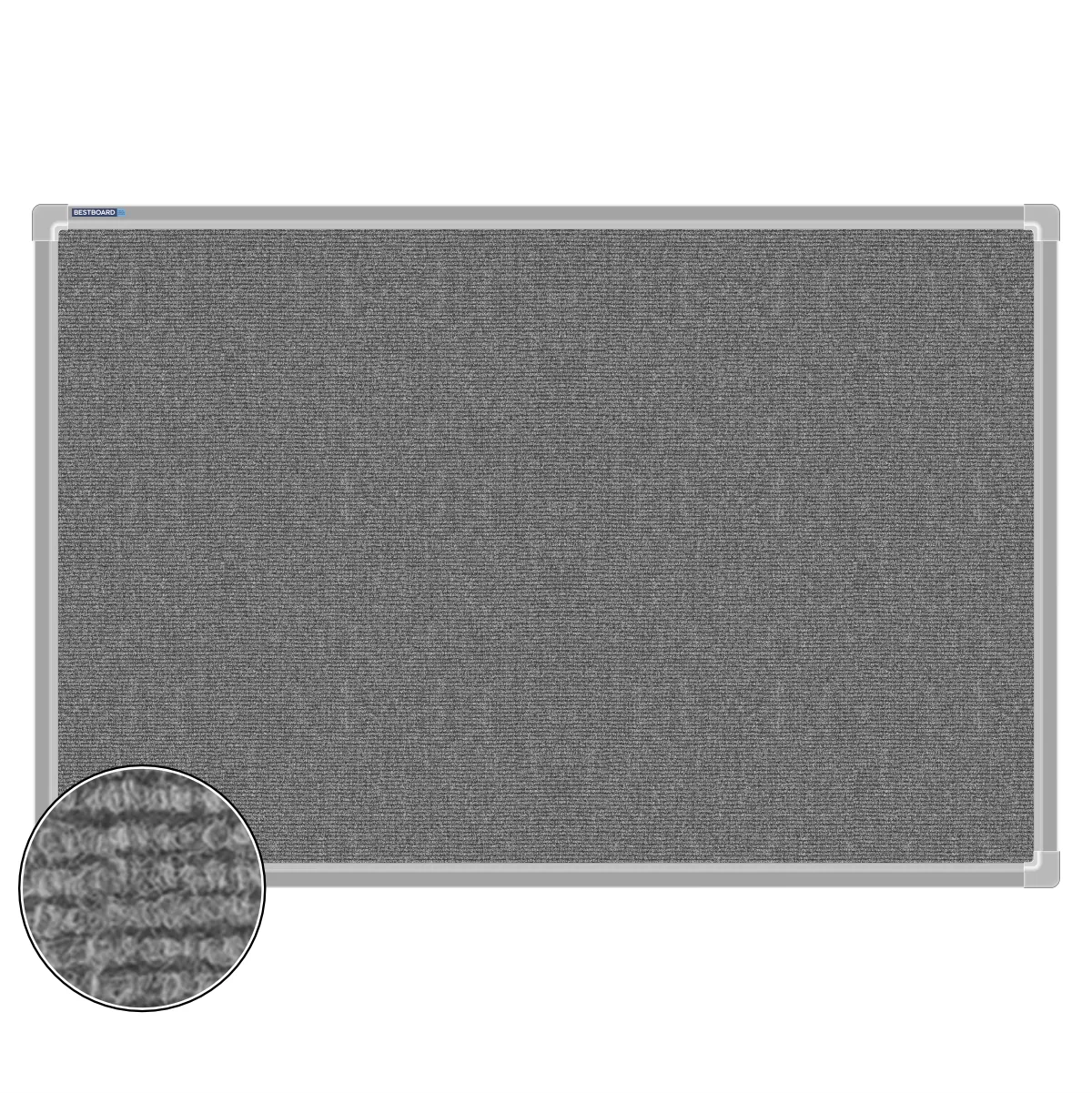 Grey carpet pin board, 600mm x 900mm, rectangular with a silver aluminium frame and a close-up inset of the woven texture