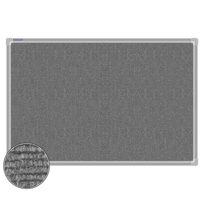 Grey carpet pin board, 600mm x 900mm, rectangular with a silver aluminium frame and a close-up inset of the woven texture
