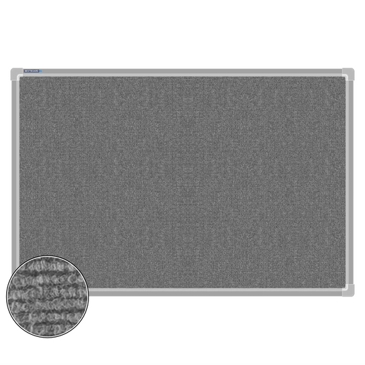 Grey carpet pin board, 600mm x 900mm, rectangular with a silver aluminium frame and a close-up inset of the woven texture