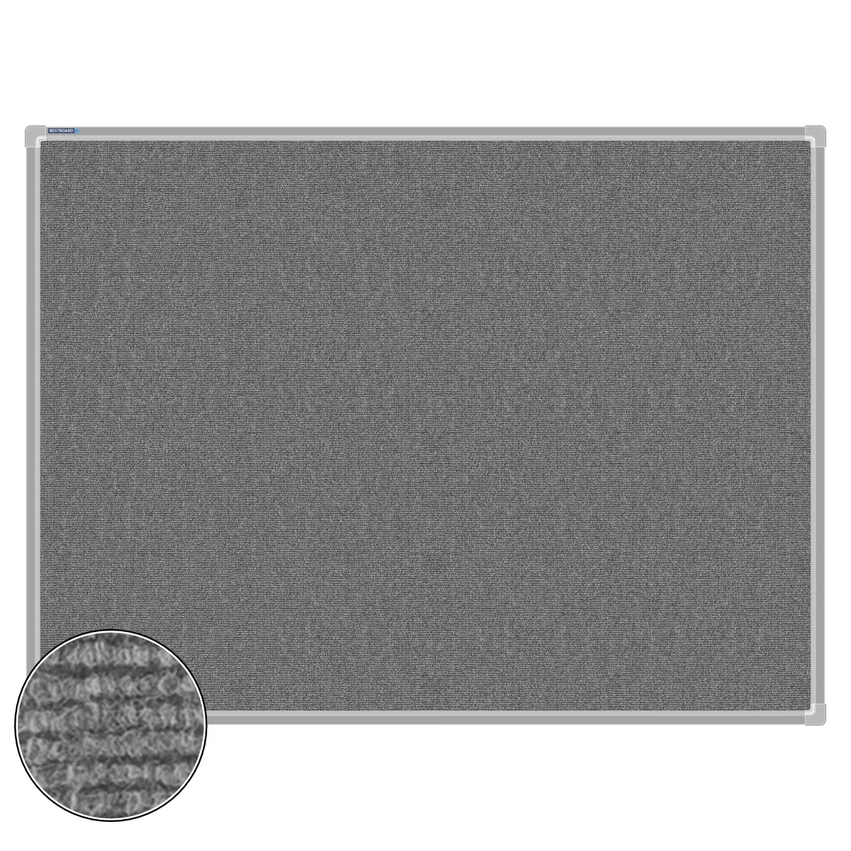 Grey carpet pin board, 900mm x 1200mm, rectangular with a silver aluminium frame and a close-up inset of the woven texture