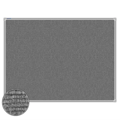 Grey carpet pin board, 900mm x 1200mm, rectangular with a silver aluminium frame and a close-up inset of the woven texture