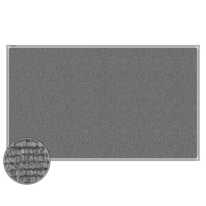 Grey carpet pin board, 900mm x 1500mm, rectangular with a silver aluminium frame and a close-up inset of the woven texture