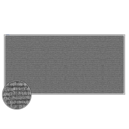 Grey carpet pin board, 900mm x 1800mm, rectangular with a silver aluminium frame and a close-up inset of the woven texture
