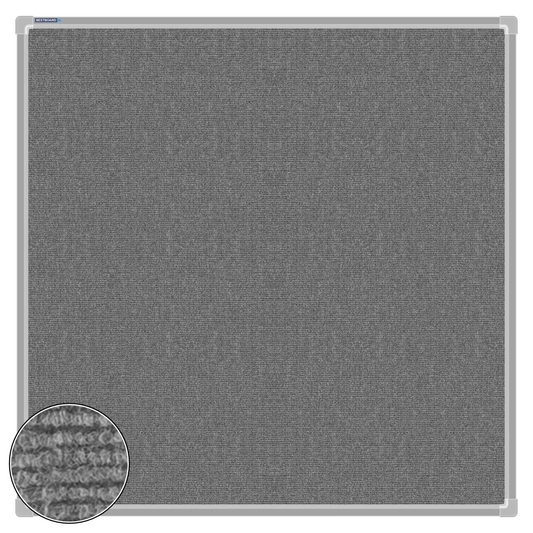 Grey carpet pin board, 900mm x 900mm, square with a silver aluminium frame and a close-up inset of the woven texture