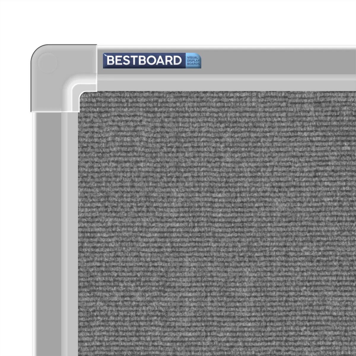 Close-up of a grey carpet pin board corner showing the Bestboard logo and the moulded silver aluminium frame