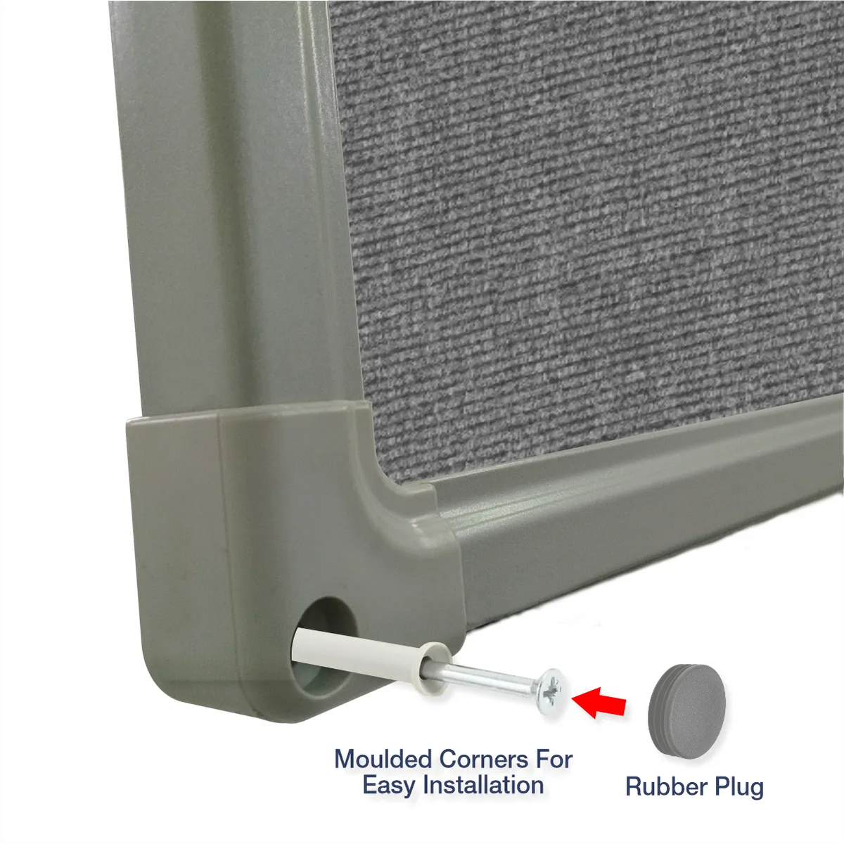 Exploded view of a grey carpet pin board corner showing the moulded corner piece and rubber plug for easy installation