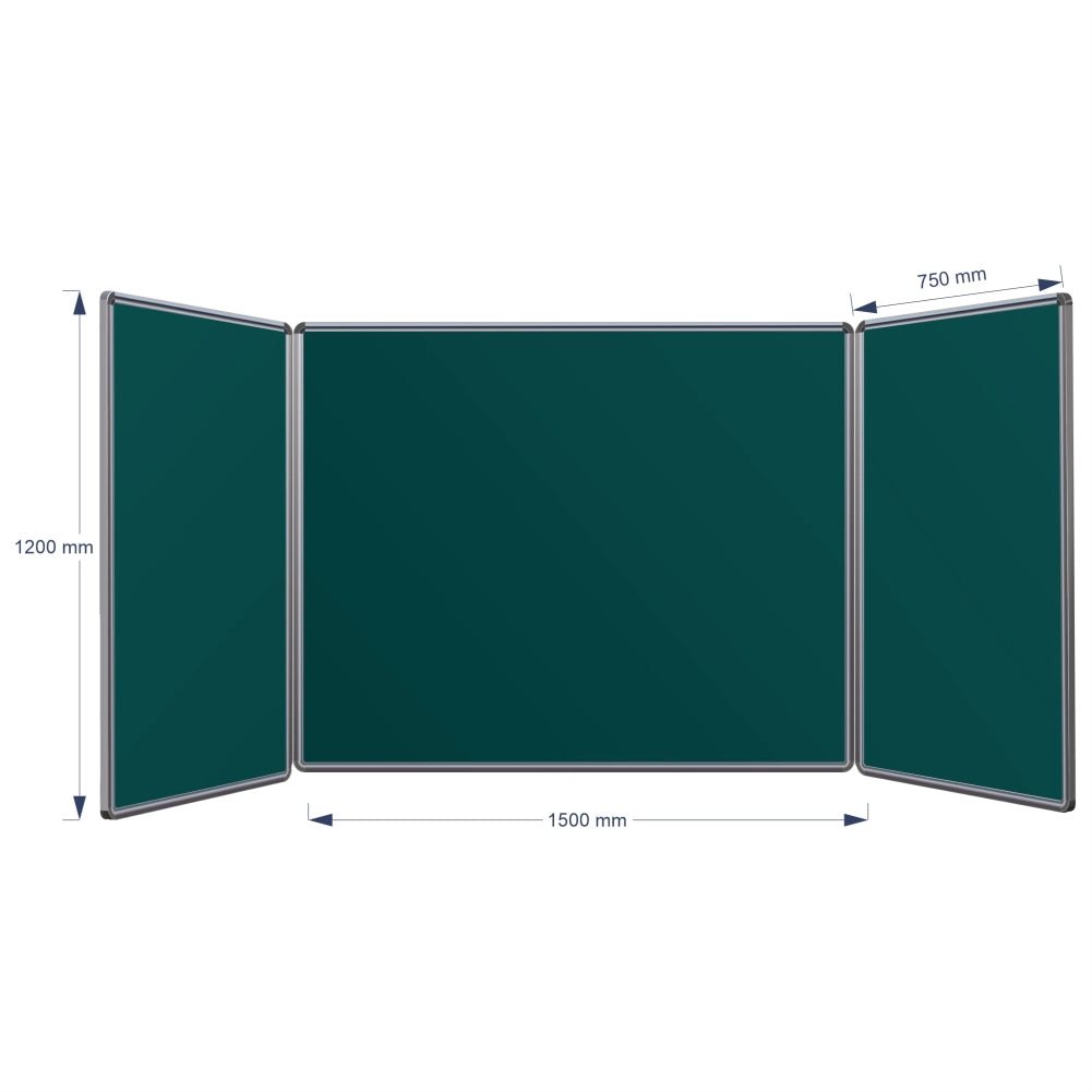A three-panel folding hinge chalkboard shown on a white background with dimension arrows and labels indicating 1200 mm height, centre panel 1500 mm width, and 750 mm panel width.