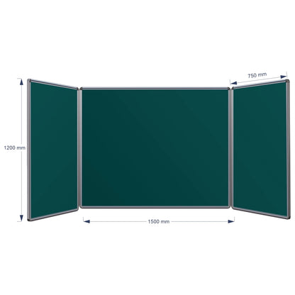 A three-panel folding hinge chalkboard shown on a white background with dimension arrows and labels indicating 1200 mm height, centre panel 1500 mm width, and 750 mm panel width.