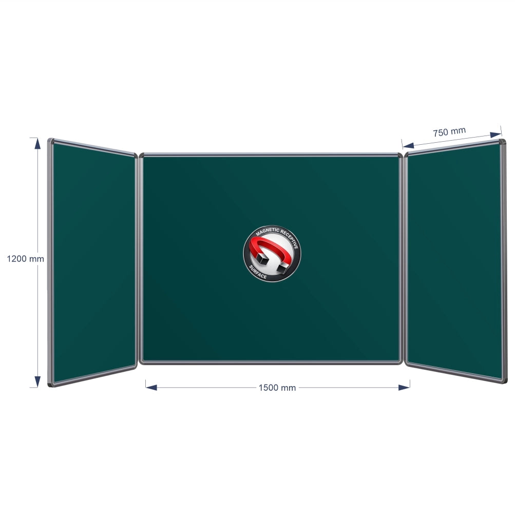 A three-panel folding magnetic hinge chalkboard shown on a white background with dimension arrows and labels indicating 1200 mm height, centre panel 1500 mm width, and 750 mm panel width.