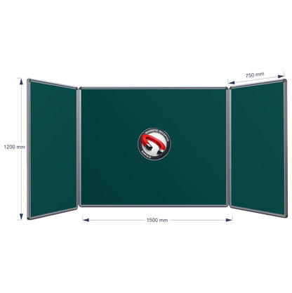 A three-panel folding magnetic hinge chalkboard shown on a white background with dimension arrows and labels indicating 1200 mm height, centre panel 1500 mm width, and 750 mm panel width.