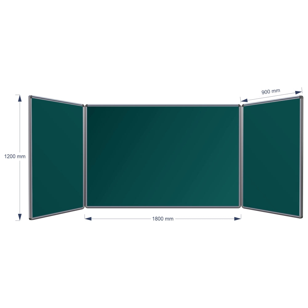 A three-panel folding hinge chalkboard shown on a white background with dimension arrows and labels indicating 1200 mm height, centre panel 1800 mm width, and 900 mm panel width.