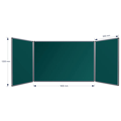 A three-panel folding hinge chalkboard shown on a white background with dimension arrows and labels indicating 1200 mm height, centre panel 1800 mm width, and 900 mm panel width.