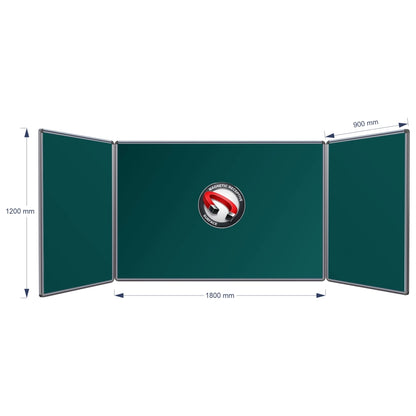 A three-panel folding magnetic hinge chalkboard shown on a white background with dimension arrows and labels indicating 1200 mm height, centre panel 1800 mm width, and 900 mm panel width.