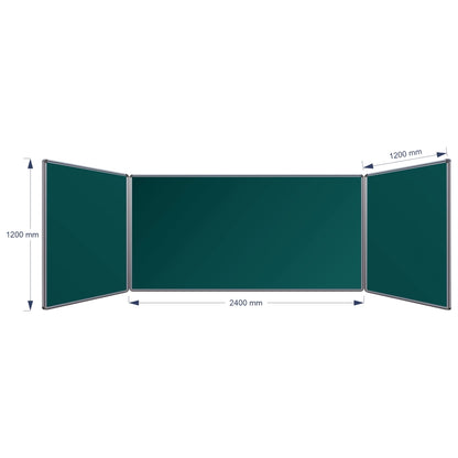 A three-panel folding hinge chalkboard shown on a white background with dimension arrows and labels indicating 1200 mm height, centre panel 2400 mm width, and 1200 mm panel width.