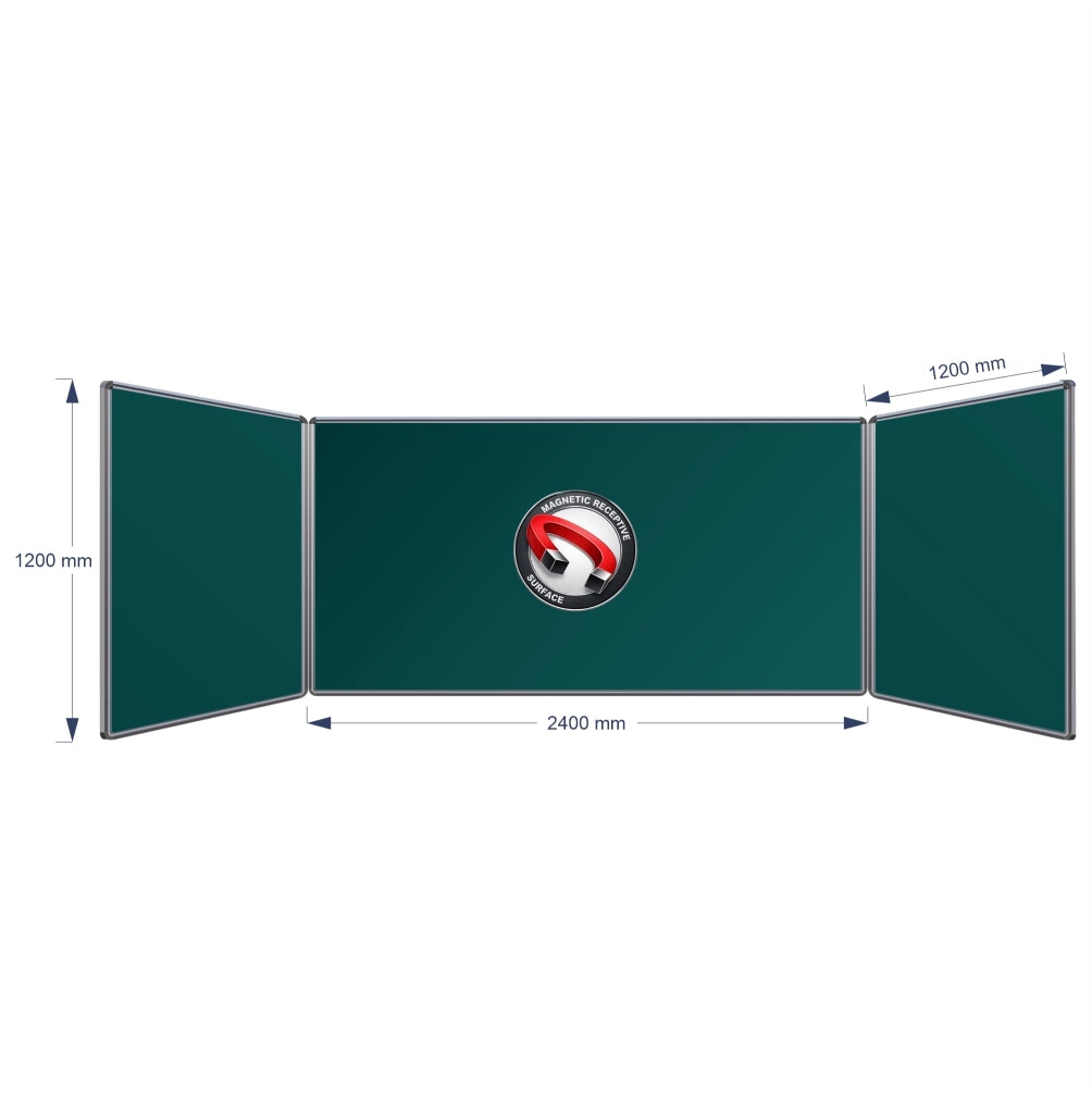 A three-panel folding magnetic hinge chalkboard shown on a white background with dimension arrows and labels indicating 1200 mm height, centre panel 2400 mm width, and 1200 mm panel width.