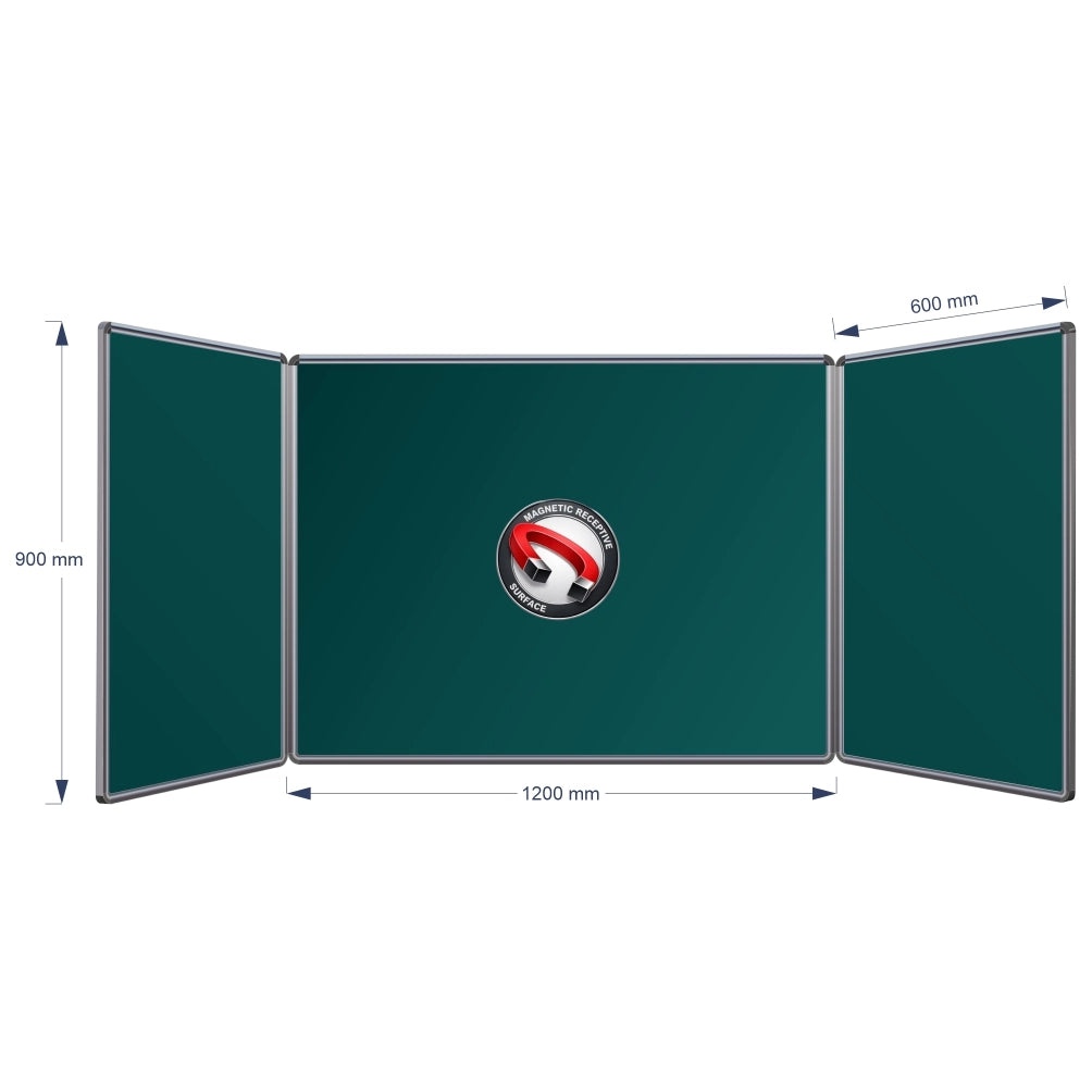 A three-panel folding magnetic hinge chalkboard shown on a white background with dimension arrows and labels indicating 900 mm height, centre panel 1200 mm width, and 600 mm panel width.