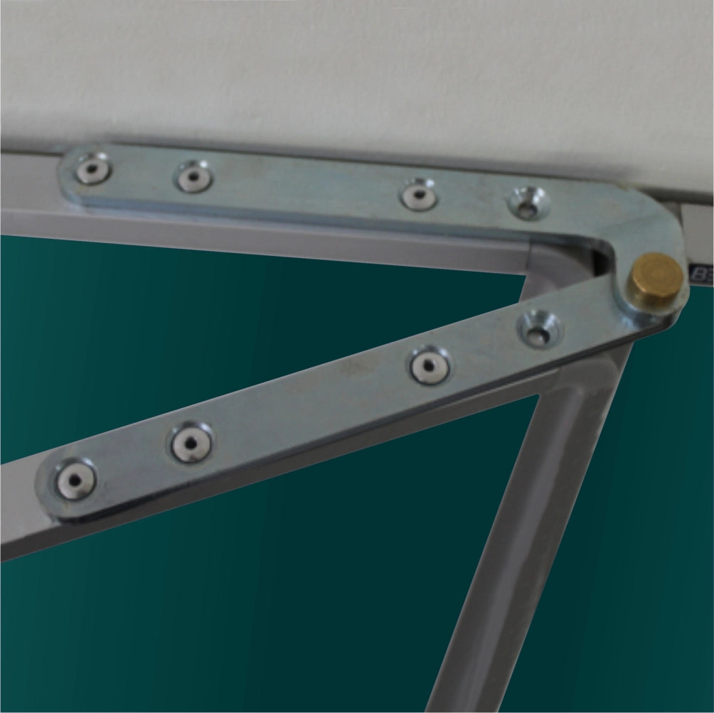 Close-up of a metal frame corner joint with silver-colored steel beams, multiple silver screws, and a brass-colored locking nut, set on a Hinge Chalkboard