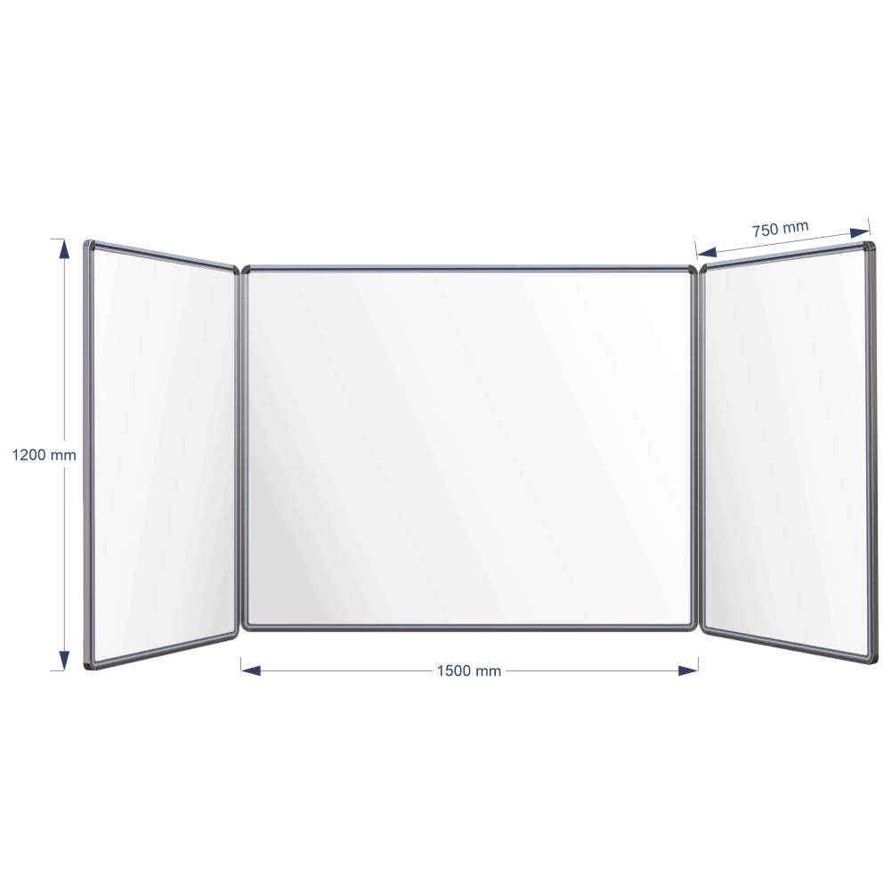 A three-panel folding hinge whiteboard shown on a white background with dimension arrows and labels indicating 1200 mm height, centre panel 1500 mm width, and 750 mm panel width.