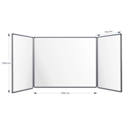 A three-panel folding hinge whiteboard shown on a white background with dimension arrows and labels indicating 1200 mm height, centre panel 1500 mm width, and 750 mm panel width.