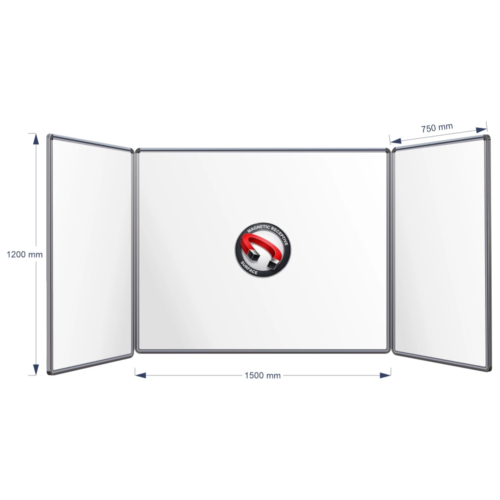 A three-panel folding magnetic hinge whiteboard shown on a white background with dimension arrows and labels indicating 1200 mm height, centre panel 1500 mm width, and 750 mm panel width.