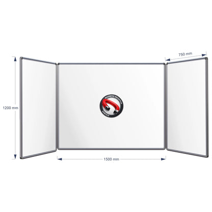 A three-panel folding magnetic hinge whiteboard shown on a white background with dimension arrows and labels indicating 1200 mm height, centre panel 1500 mm width, and 750 mm panel width.