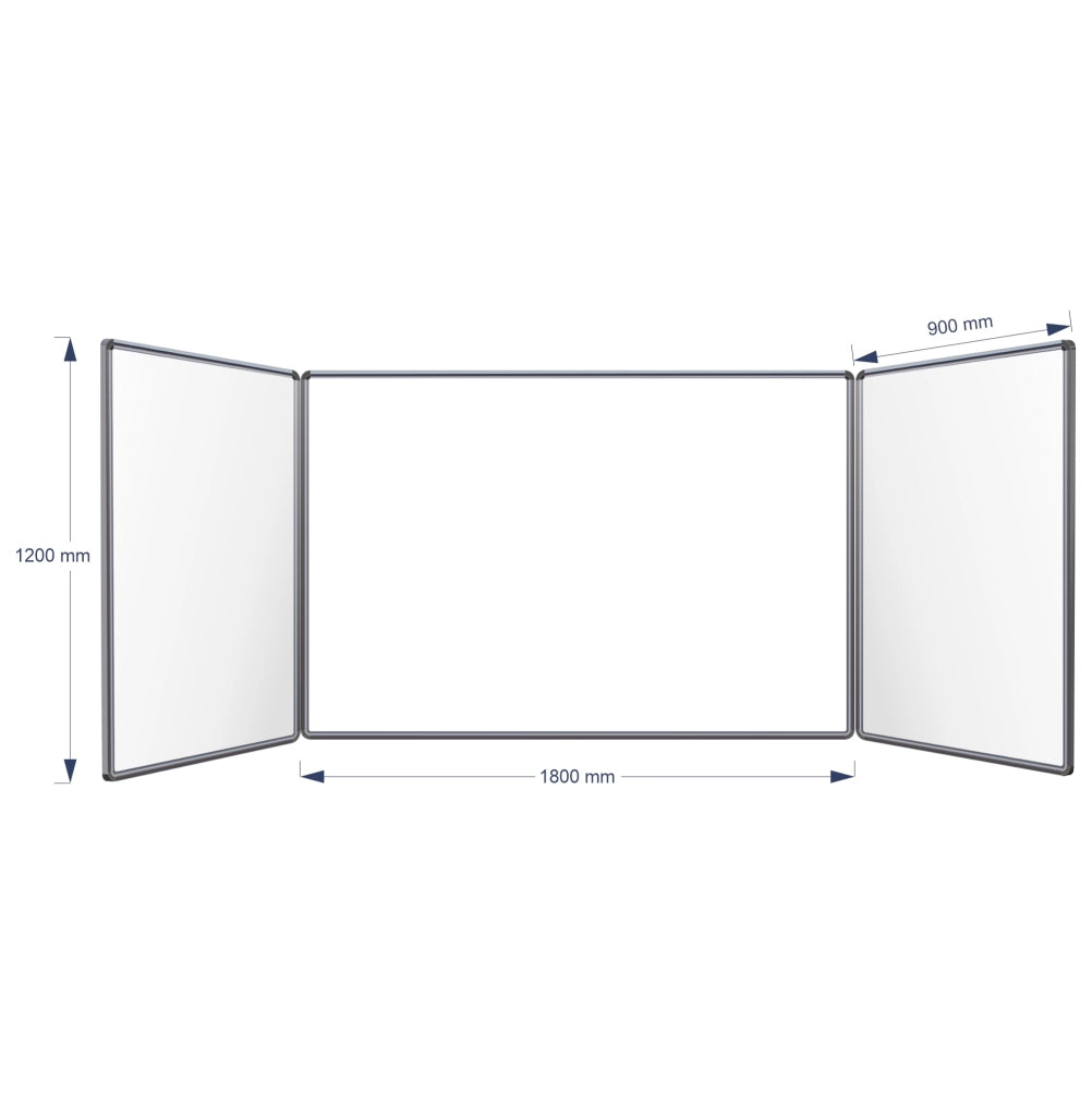 A three-panel folding hinge whiteboard shown on a white background with dimension arrows and labels indicating 1200 mm height, centre panel 1800 mm width, and 900 mm panel width.