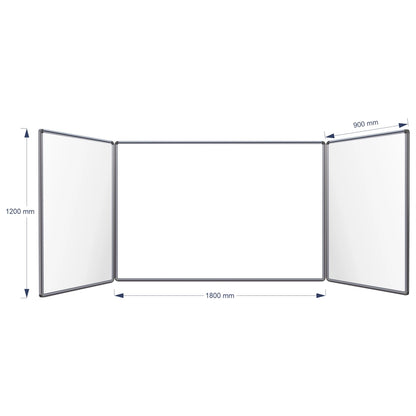 A three-panel folding hinge whiteboard shown on a white background with dimension arrows and labels indicating 1200 mm height, centre panel 1800 mm width, and 900 mm panel width.