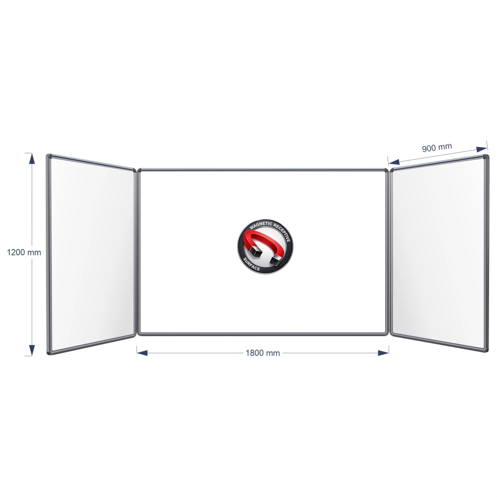 A three-panel folding magnetic hinge whiteboard shown on a white background with dimension arrows and labels indicating 1200 mm height, centre panel 1800 mm width, and 900 mm panel width.
