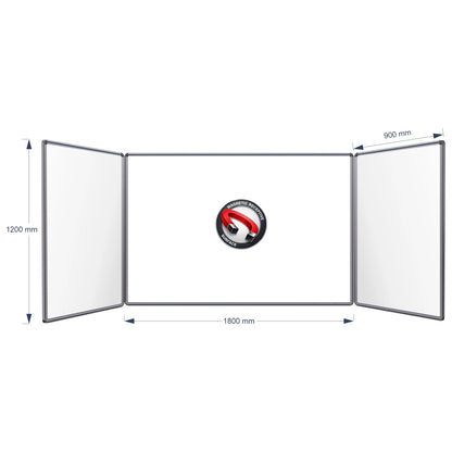 A three-panel folding magnetic hinge whiteboard shown on a white background with dimension arrows and labels indicating 1200 mm height, centre panel 1800 mm width, and 900 mm panel width.