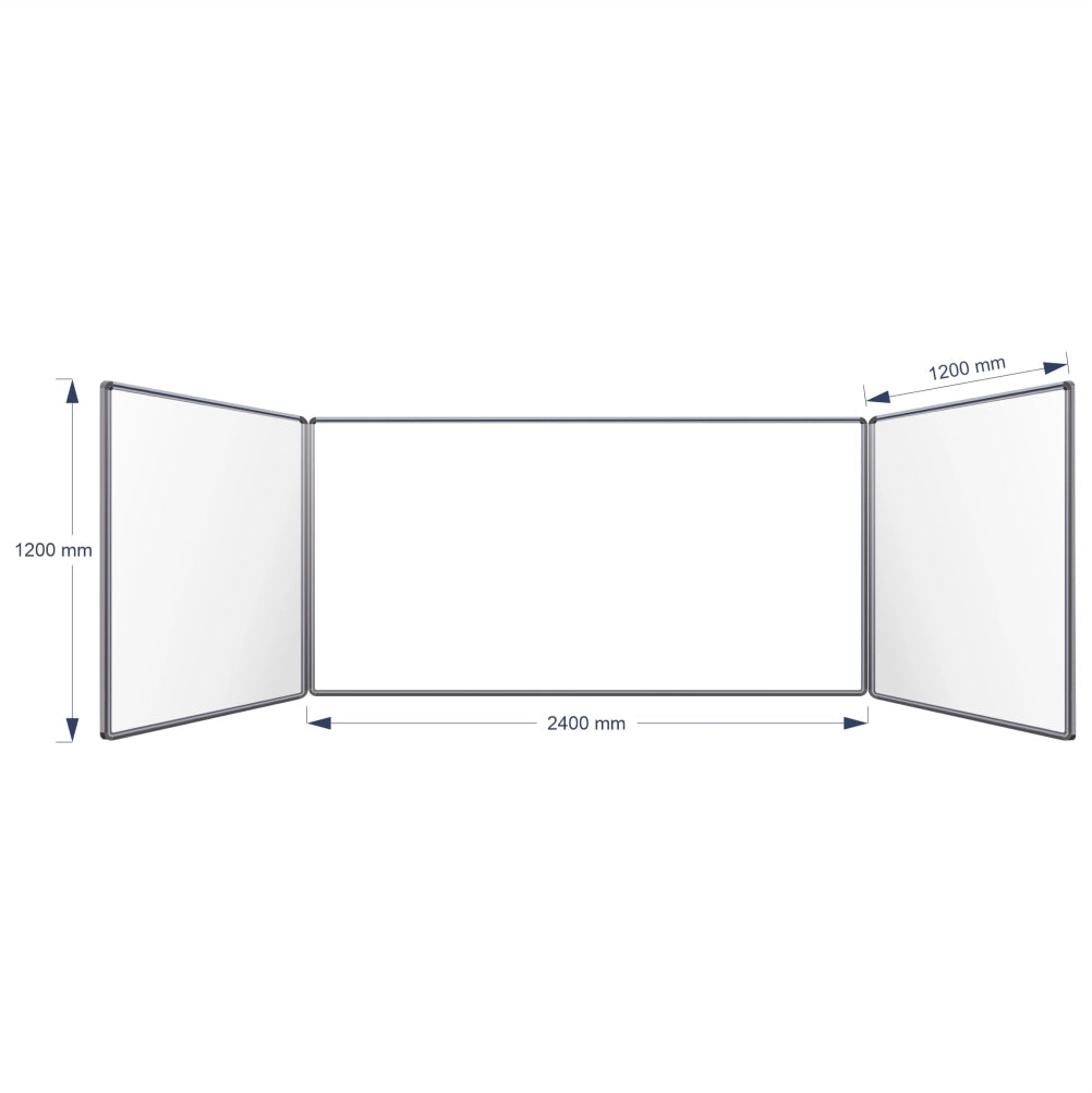 A three-panel folding hinge whiteboard shown on a white background with dimension arrows and labels indicating 1200 mm height, centre panel 2400 mm width, and 1200 mm panel width.