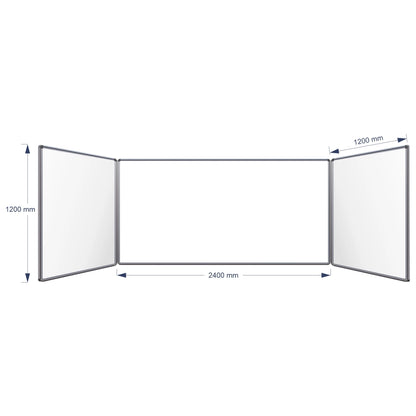 A three-panel folding hinge whiteboard shown on a white background with dimension arrows and labels indicating 1200 mm height, centre panel 2400 mm width, and 1200 mm panel width.