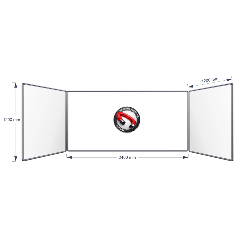 A three-panel folding magnetic hinge whiteboard shown on a white background with dimension arrows and labels indicating 1200 mm height, centre panel 2400 mm width, and 1200 mm panel width.