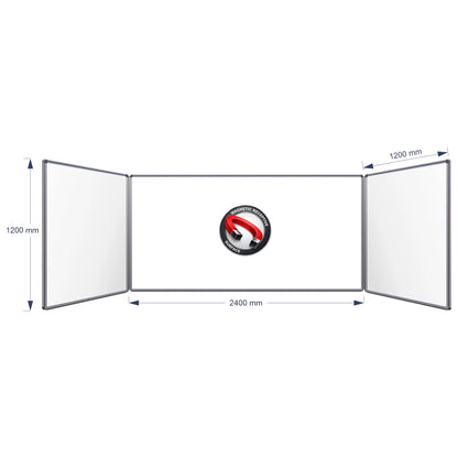 A three-panel folding magnetic hinge whiteboard shown on a white background with dimension arrows and labels indicating 1200 mm height, centre panel 2400 mm width, and 1200 mm panel width.