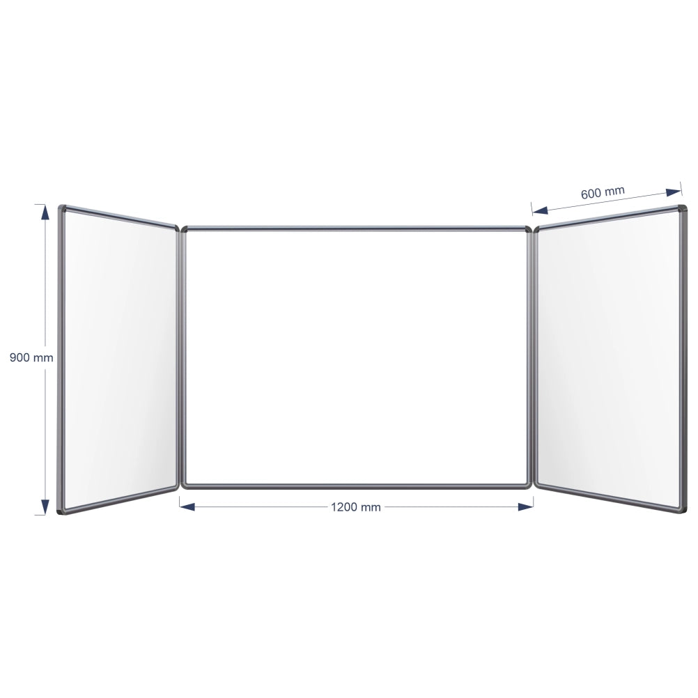 A three-panel folding hinge whiteboard shown on a white background with dimension arrows and labels indicating 900 mm height, centre panel 1200 mm width, and 600 mm panel width.