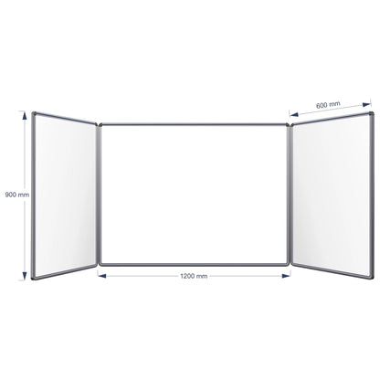 A three-panel folding hinge whiteboard shown on a white background with dimension arrows and labels indicating 900 mm height, centre panel 1200 mm width, and 600 mm panel width.