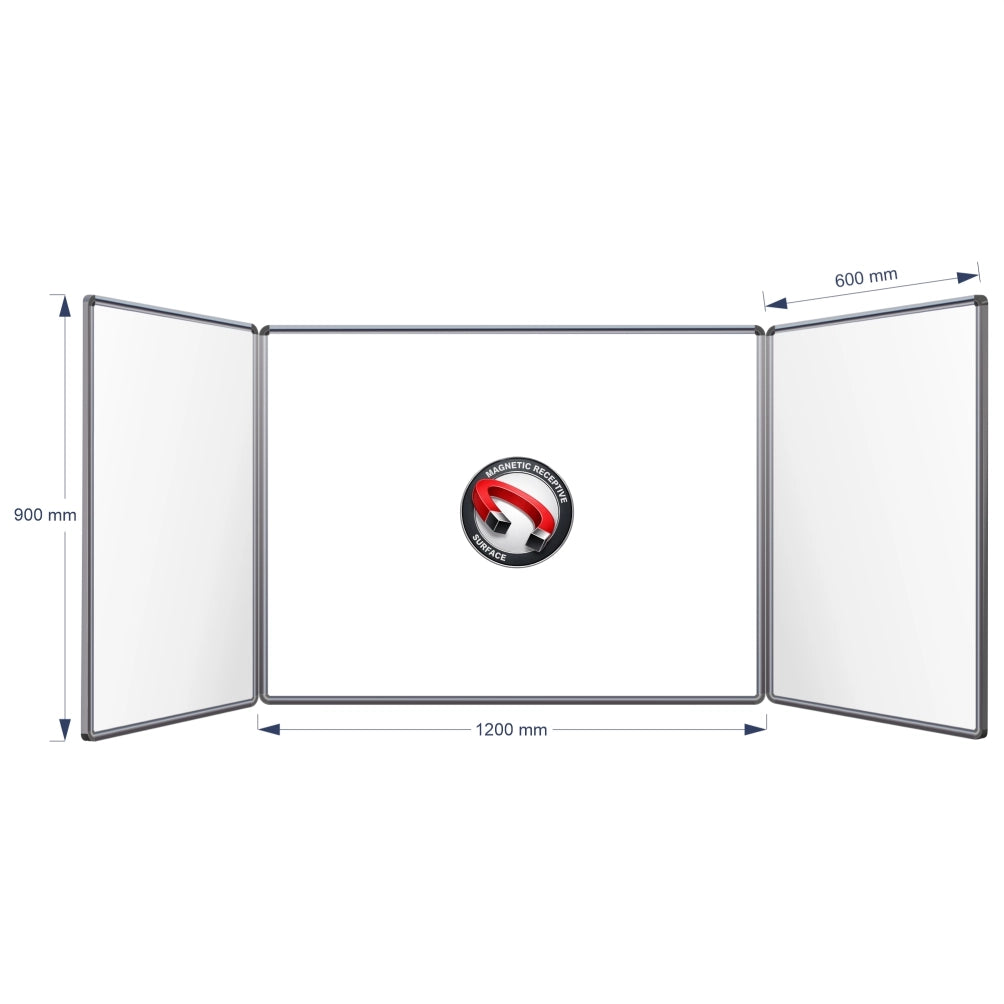 A three-panel folding magnetic hinge whiteboard shown on a white background with dimension arrows and labels indicating 900 mm height, centre panel 1200 mm width, and 600 mm panel width.