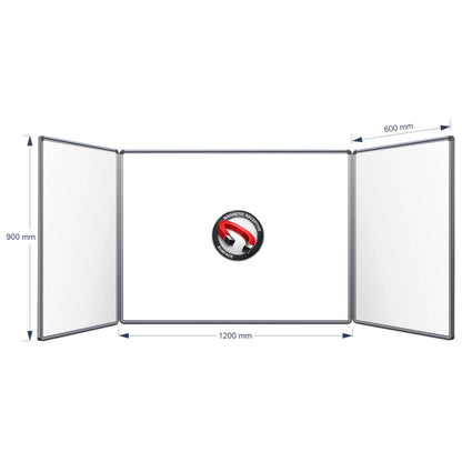 A three-panel folding magnetic hinge whiteboard shown on a white background with dimension arrows and labels indicating 900 mm height, centre panel 1200 mm width, and 600 mm panel width.