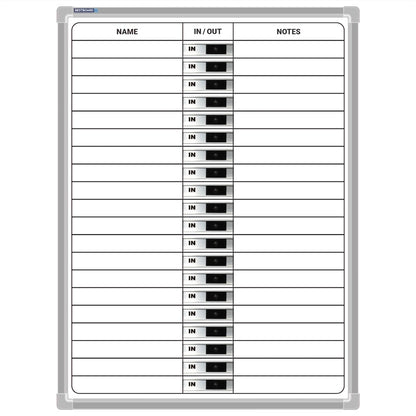 Whiteboard with time tracking for 20 people, with in / out labels on a white background
