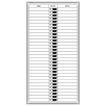 Whiteboard with time tracking for 30 people, with in / out labels on a white background
