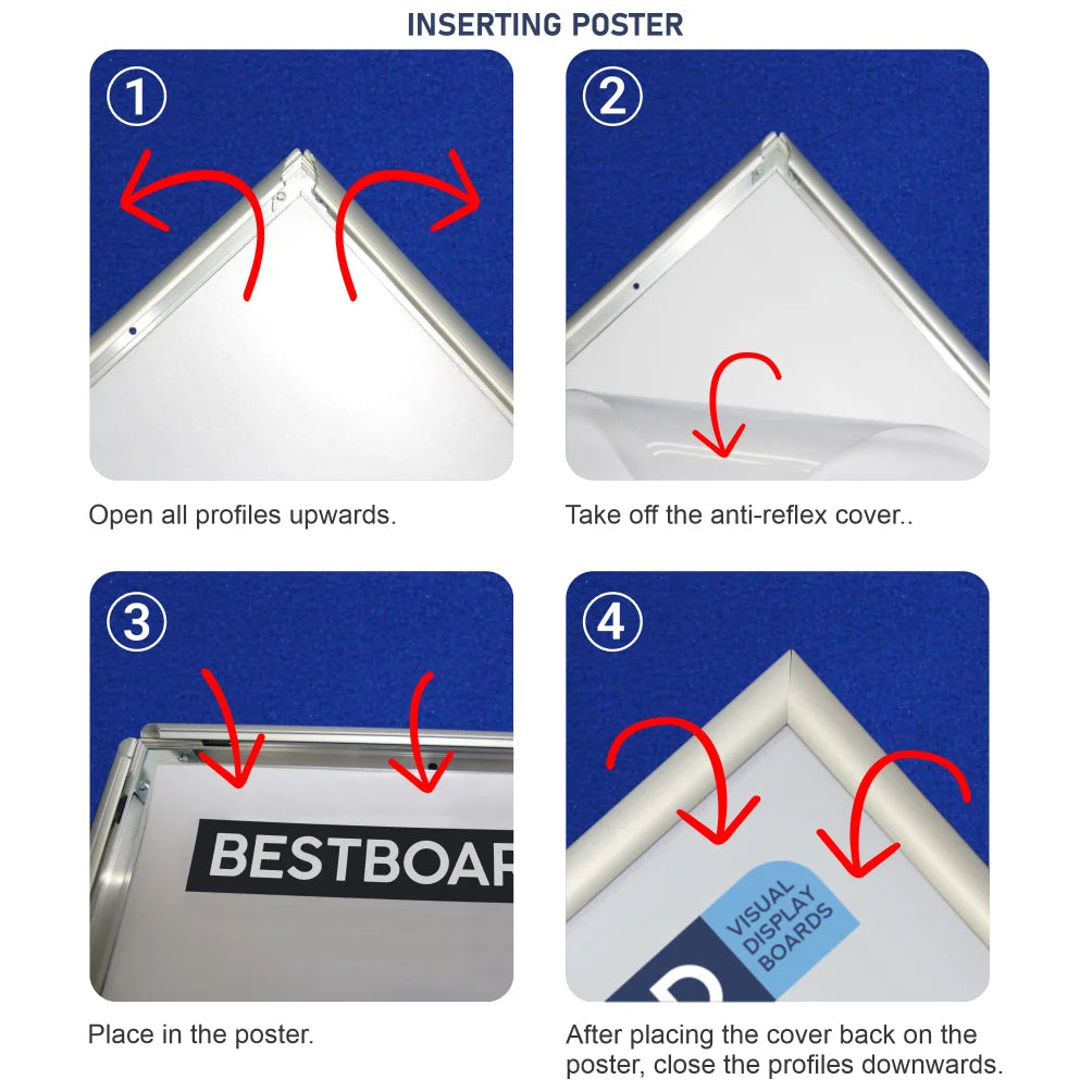 Instructional diagram titled 'INSERTING POSTER' showing four numbered steps with red arrows and text on a blue background: open profile angles, remove the anti-reflex cover, place the poster into the frame, and close the profile downwards after placing the cover back.